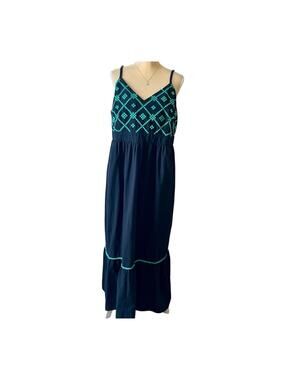 Ava + Viv Maxi Dress Sz 2X Black Adjustable Spaghetti Strap With Green Smocking